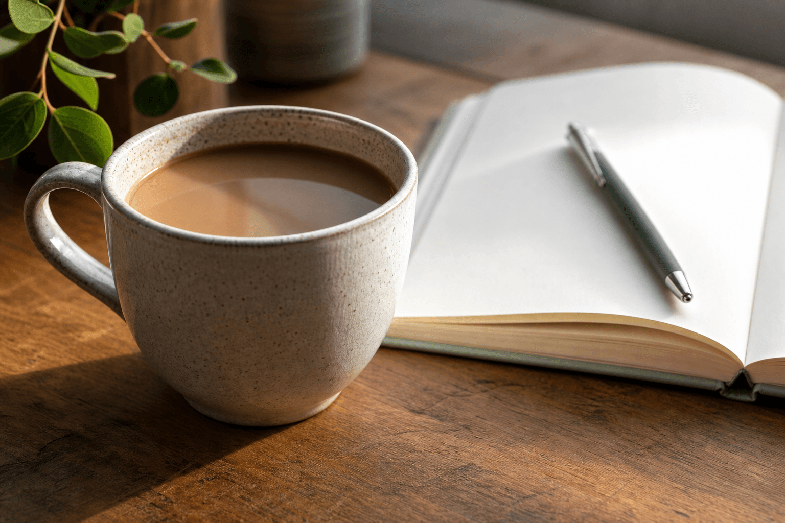 Carnet, stylo et tasse sur un bureau en bois